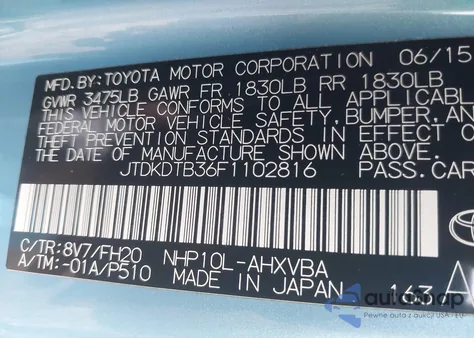 2015 Toyota Prius C One из США, поврежденный, VIN JTDKDTB36F1102816